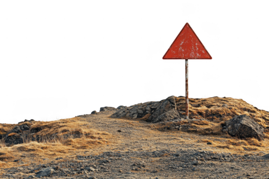 Warning sign for transport safety remote pathway image of cautionary sign rugged terrain overhead view essential transport awareness