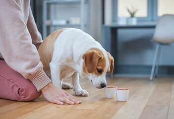 A corgi dog with white and brown fur sitting near a row of white cups and sniffing a cup.