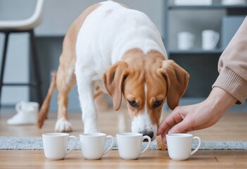 A  dog with white and brown fur sitting near a row of white cups and sniffing a hand.