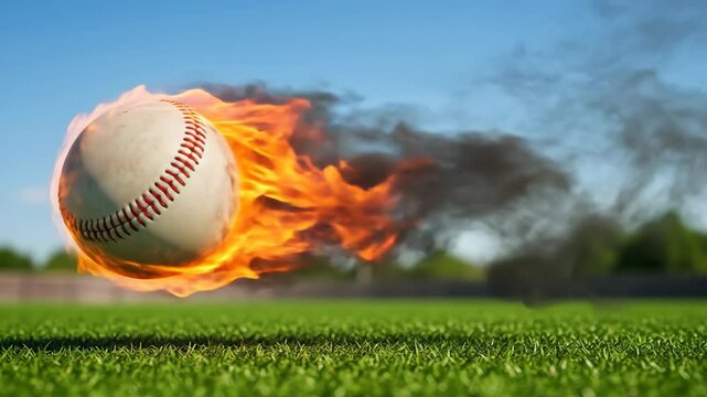 Fiery baseball soaring across lush green field with dramatic flame and smoke trail
