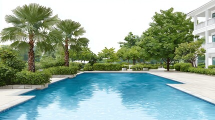 Fototapeta premium Serene Poolside Trees and Building View