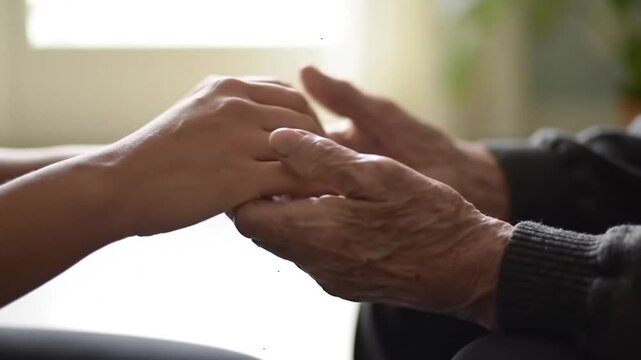 Elderly Person Holding Hands with Younger Individual Conveying Intergenerational Connection and Compassionate Care indoors near Window with Warm Gentle Light