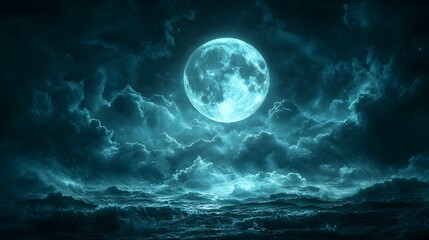 Fototapeta premium A full moon shines through the dark storm clouds illuminating the landscape with an eerie glow