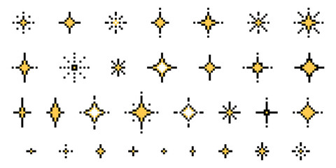 Set of pixel art star shapes in trendy retro style. Trendy Y2K vector signs for banners, social media, poster design. Brutalist geometric shapes. Retro futuristic sparkle icons in 8 bit style