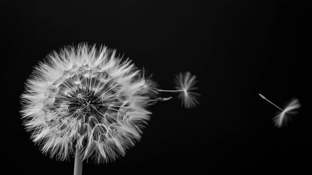 Dandelion seeds gracefully drift in a gentle breeze against a dark background