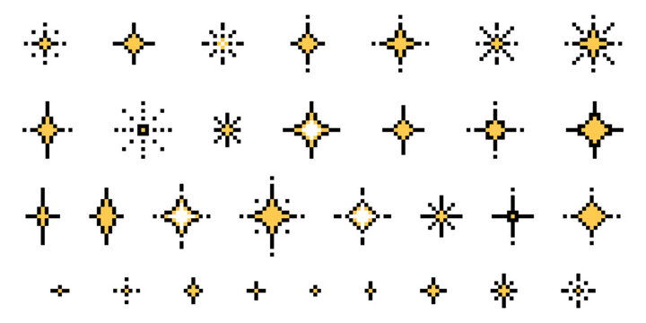 Set of pixel art star shapes in trendy retro style. Trendy Y2K vector signs for banners, social media, poster design. Brutalist geometric shapes. Retro futuristic sparkle icons in 8 bit style
