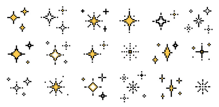 Set of pixel art star shapes in trendy retro style. Trendy Y2K vector signs for banners, social media, poster design. Brutalist geometric shapes. Retro futuristic sparkle icons in 8 bit style