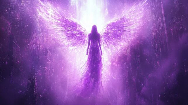 Silhouetted figure with glowing purple wings floating upward in a radiant mystical environment surrounded by ethereal light and dark structures
