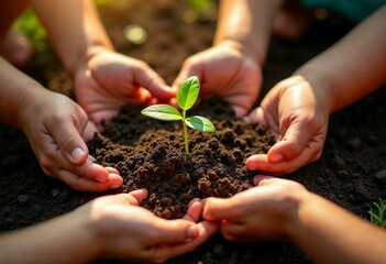 Kids's hands arranged in a circle on top of soil, each holding or near a small green sprout.The image conveys themes of growth, diversity, and environmental stewardship.