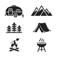 Fototapeta premium Minimalist Camping Icons in Black Silhouette Style.