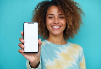 A promotional smartphone mockup with a blank white screen with a blurred smiling woman face , for online advertising  and online marketing.
