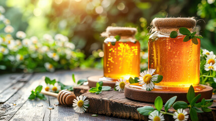 Jars of golden honey with natural ingredients, surrounded by fresh flowers and greenery, creating a vibrant and inviting atmosphere for culinary and wellness enthusiasts