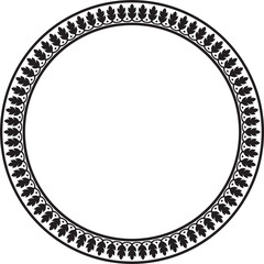 Vector round monochrome black Indian national ornament. Ethnic plant circle, border. Frame, flower ring. Poppies and leaves.
