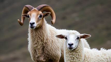 Fototapeta premium ram in mating season next to receptive female sheep