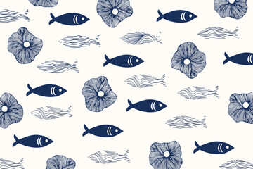 Naklejka premium hand drawn fish and jellyfish pattern background