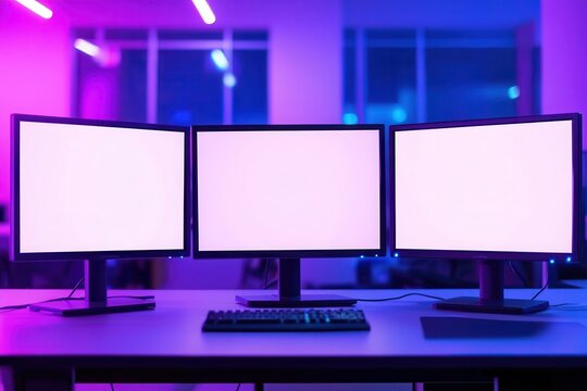 Triple monitor setup with keyboard, vibrant lighting