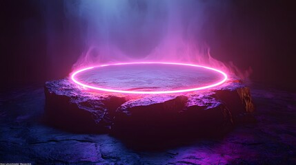 Glowing neon ring levitating in a dark void