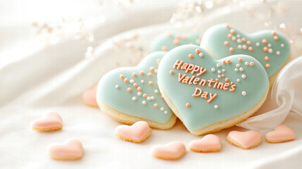 Obraz premium Valentine day heart shaped cookies with pastel icing and sweet decoration for romantic