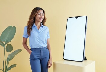 A smartphone mockup with a blank white screen with a smiling woman, for online advertising  and online marketing.