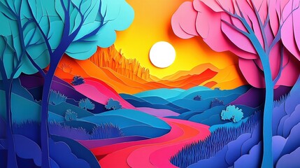 Obraz premium Vibrant layered paper-cut art landscape with dynamic light and shadow effects and backlit design, showing a colorful handcraft style, suitable for educational materials, creative design projects.