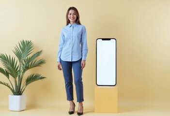 A smartphone mockup with a blank white screen with a smiling woman, for online advertising  and online marketing.