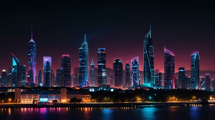A futuristic city skyline at night, illuminated by neon lights 