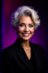 portrait of a positive lawyer, an elderly businesswoman on a dark background
