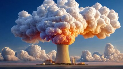 Atomic Explosion with Mushroom Cloud: A dramatic scene unfolds as a nuclear explosion forms a colossal mushroom cloud against a clear sky. A symbol of power, destruction and global concern.