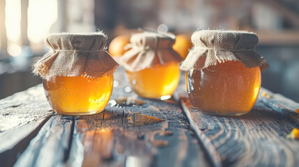 Three jars of golden honey with burlap covers are placed on a rustic wooden table, showcasing the natural sweetness and artisanal craftsmanship of homemade preserves