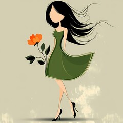 Illustration of woman with flower in green dress for design projects