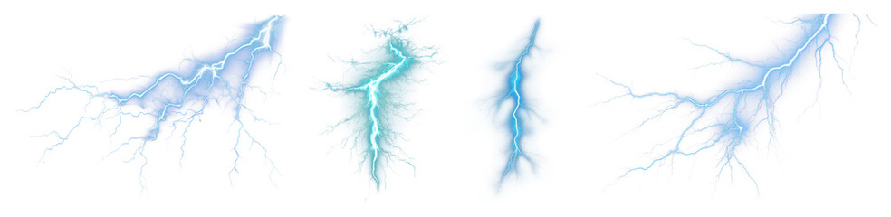 Fototapeta premium PNG Electric blue lightning bolts design, element set on transparent background