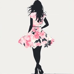 Silhouette of a woman in floral dress isolated on white