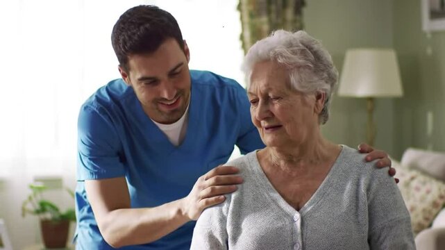 Gentle Male Nurse Comforting Senior Woman with Blue Uniform and Warm Indoors Setting with  Couch at Eye Level and Focuses on Compassionate Support and Strong Interpersonal Intercation