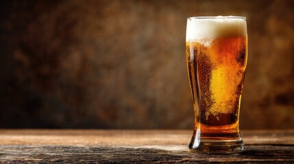Glass of amber beer with frothy foam on rustic wooden table and warm brown background. Ideal for craft beer ads, bar branding, and pub menu visuals