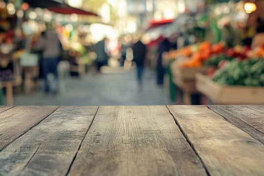 Rustic Wooden Tabletop Blurred Market Background Fresh Produce Farmers Market food photo image scene