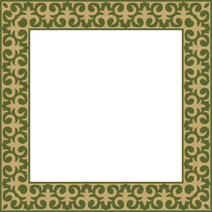 Vector gold with green square Kazakh national ornament. Ethnic pattern of the peoples of the Great Steppe,
