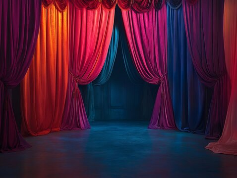 Vivid theater curtains creating a dramatic stage backdrop for performance