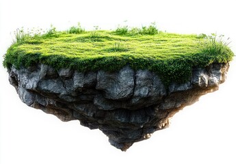 floating rock island covered with lush green grass and small plants against a white background