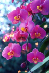 Fototapeta premium Close-up of vibrant pink orchids with yellow and red centers on a slender branch against a softly blurred natural background with bokeh light effects