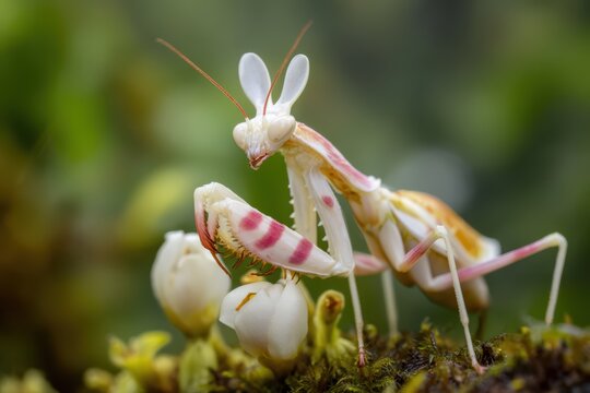 Tropical Orchid Mantis in Mimicry Pose on Pink Flower, Predatory Camouflage Strategy