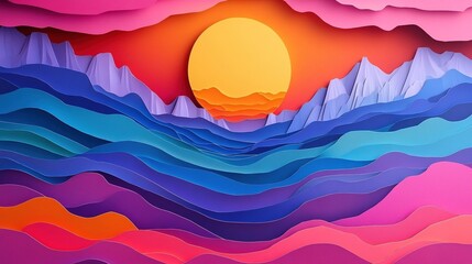 Vibrant layered paper-cut art landscape with dynamic light and shadow effects and backlit design, showing a colorful handcraft style, suitable for educational materials, creative design projects.
