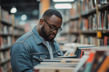 Fototapeta premium Man reading book in library.