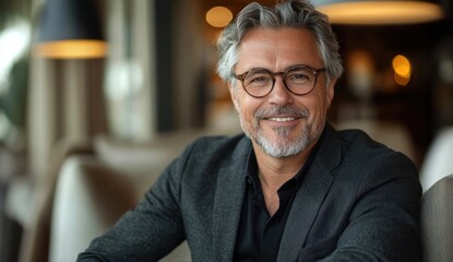 Confident middle-aged man with grey hair, beard, and glasses smiling warmly while sitting indoors in a comfortable, softly lit setting
