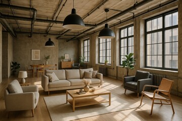 Fototapeta premium Spacious loft living room with Scandinavian decor