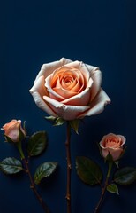 A large peach  colored rose with two buds, set against a dark blue background, surrounded by green leaves. 
