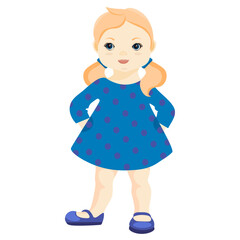 doll girl in blue polka dot dress no background