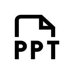 Black and white icon representing a ppt file format with a stylized document shape and bold ppt text below it