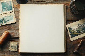 Blank vintage album open on wooden table with old photos and trinkets