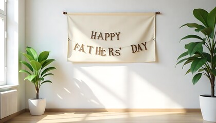 Cozy cabin Father's Day banner; fireplace, leather chairs., created with generative ai