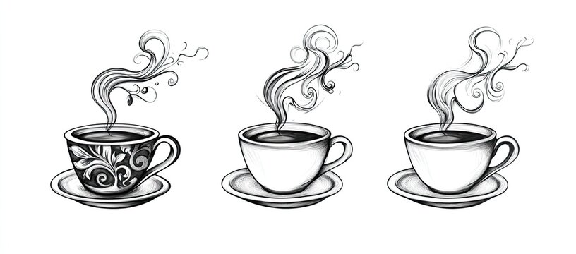 Three stylized coffee cups with swirling steam (2)